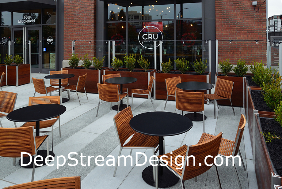 Restaurant fixtures large rectangular wood restaurant patio planters with glass windbreak