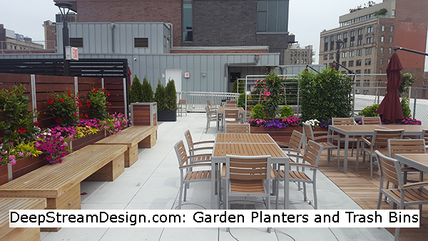 Using DeepStream's large wood garden planters with privacy screen, and matching wood trash bins, these owners have made a cozy Manhattan rooftop patio that will endure for decades.