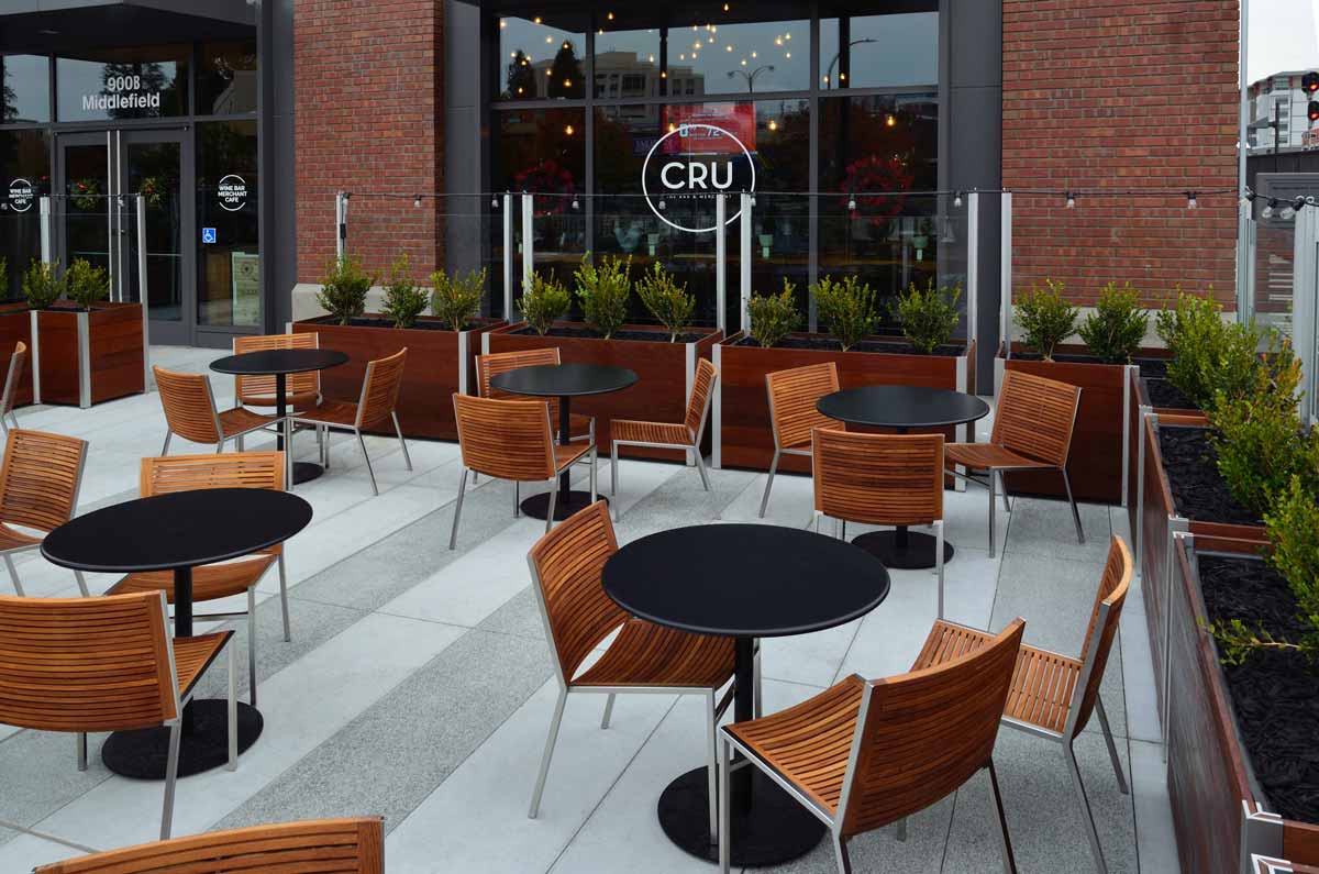 DeepStream's large commercial wood planter anchor glass screen wall for a fine dining restaurant that adds space for social distancing together, limiting access, blocking wind and noise extending the outdoor season