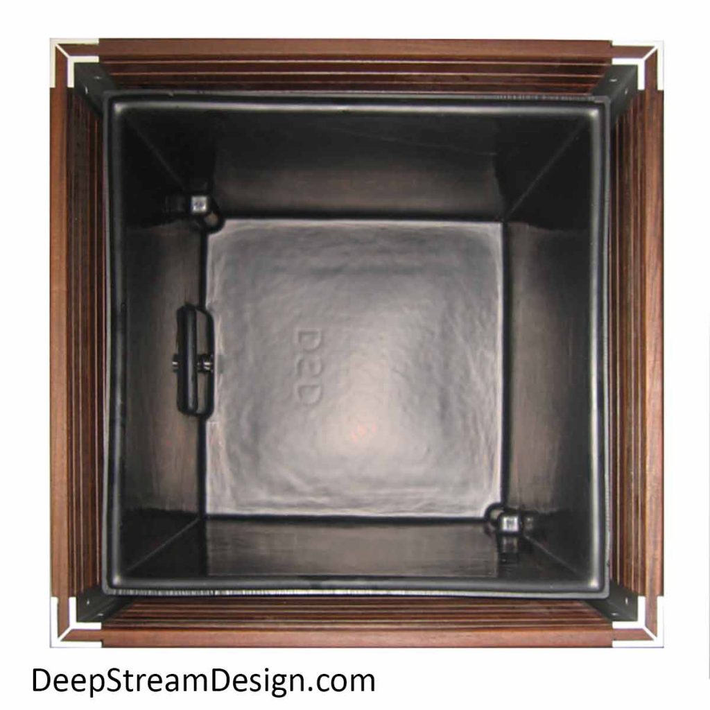 Top view of a DeepStream Waterproof Liner inside Wood Planter with a hidden aluminum frame.
