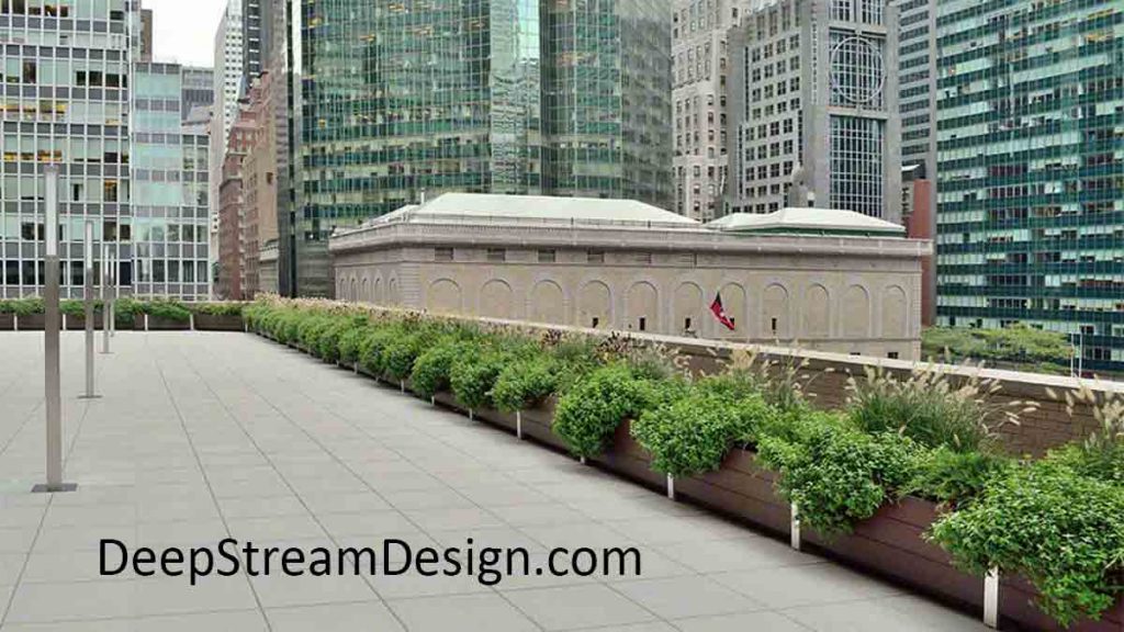 DeepStream Designs lightweight complete modular multi-section planter system with maintenance free recycled plastic lumber, installs quickly, reduces maintenance labor saving and lasts for decades