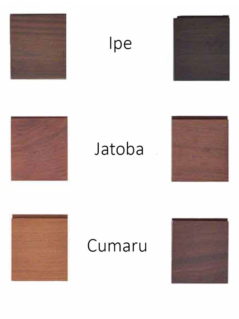 3 samples of tropical hardwood options Ipe, Jatoba, and Cumaru
