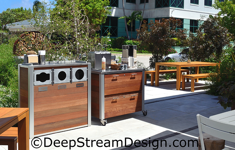 Custom Restaurant Fixtures, exterior grade cabinetry with drawers along with a combination trash and recycling receptacle set the tone for this high end restaurants outdoor dining space.